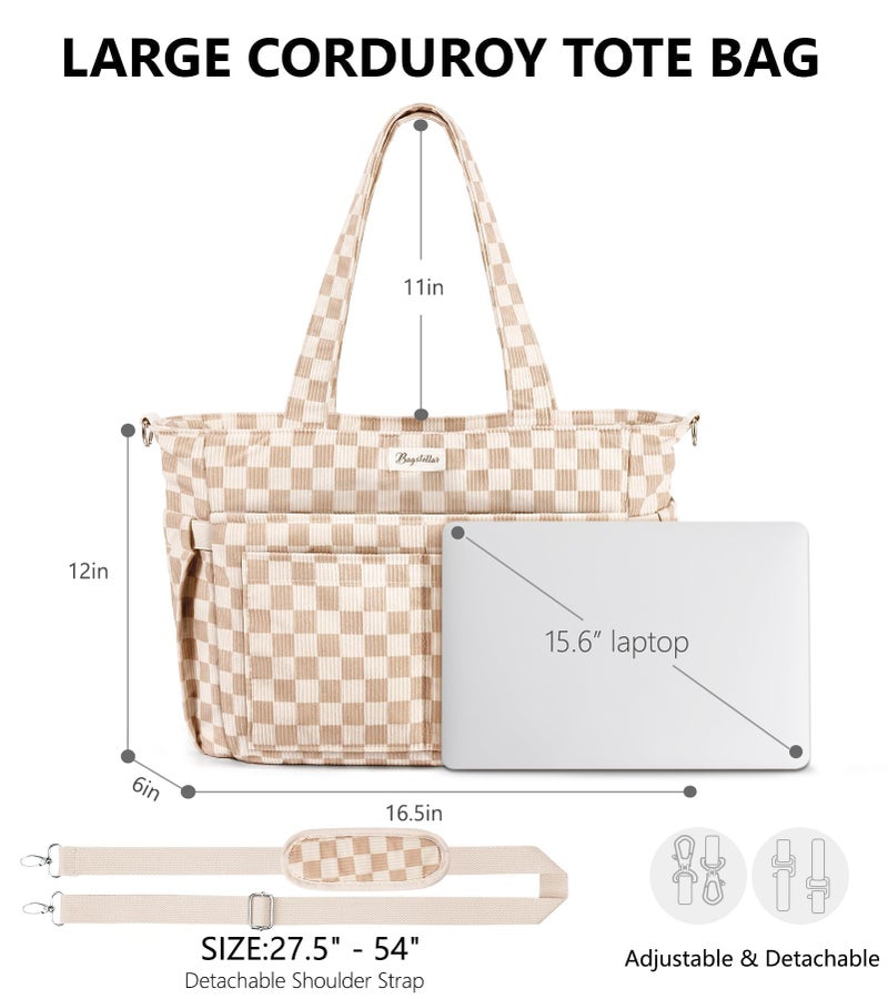 Bagstellar Corduroy Tote Bag for Women, 17 Pockets Laptop Work Tote Bag Lightweight Teacher Nurse Bible Bag for School Travel - Image 2