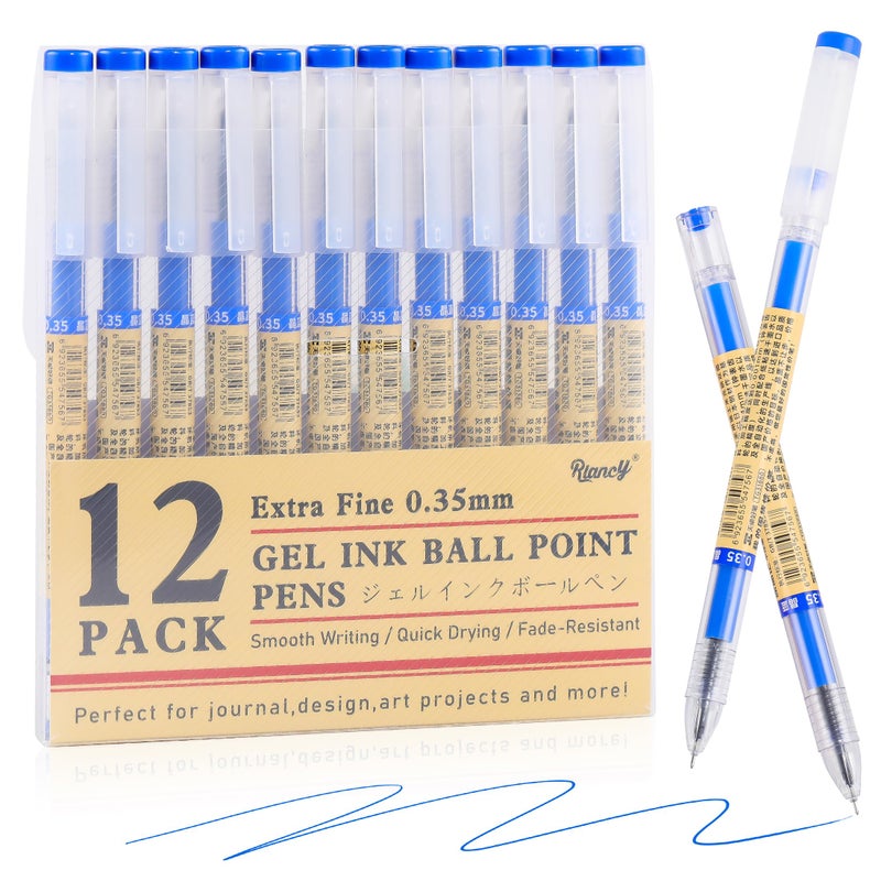 RIANCY 12 Pack Blue Gel Ink Pens, 0.35mm Extra Fine Point Tip, Japanese Style Stationery Quick Dry No Smear No Bleed, Smooth Writing Pens Ballpoint for Journaling Note Taking Office School Supplies - Image 1