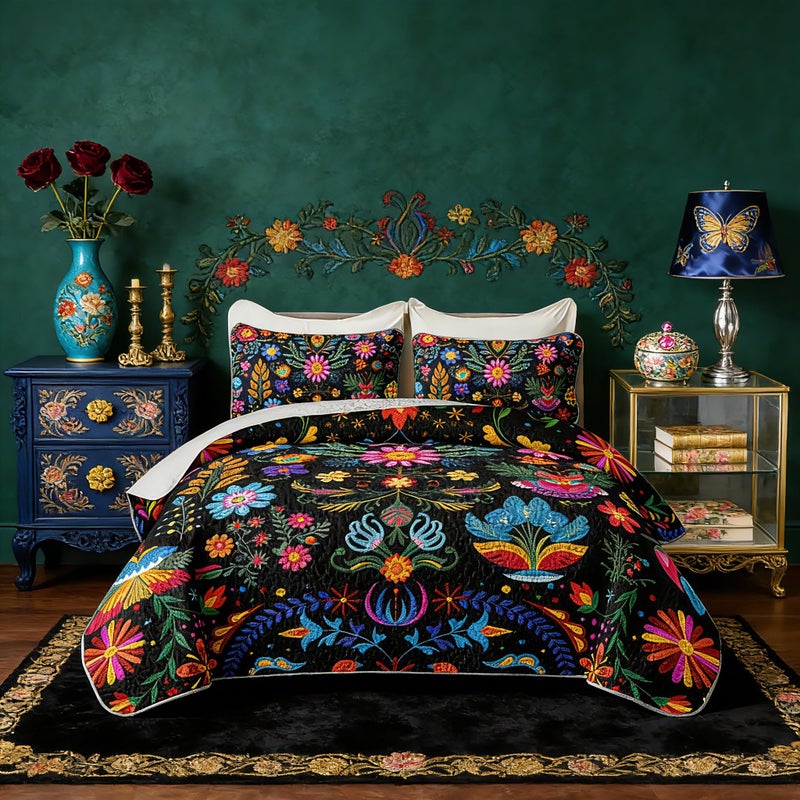 HOSIMA Bohemia Style Quilt Set Queen Size for Adults Women Bedroom DecorVarious Colorful Flowers Pattern Quilt for All SeasonSoft Lightweight Boho Bedding with 2 Pillowcases - Image 2