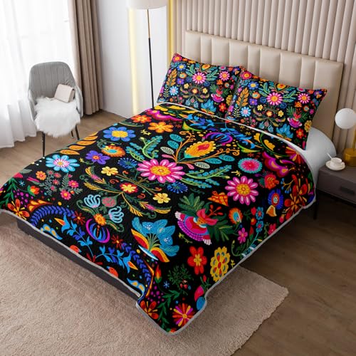 HOSIMA Bohemia Style Quilt Set Queen Size for Adults Women Bedroom DecorVarious Colorful Flowers Pattern Quilt for All SeasonSoft Lightweight Boho Bedding with 2 Pillowcases - Image 3