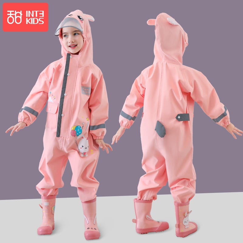 Generic Childrens One-piece Raincoat Boys Baby Poncho Primary School Students Female Kindergarten Dinosaur Rain Pants Set Full-body Anti-rainstorm Rabbit-NINA (send the same storage bag)