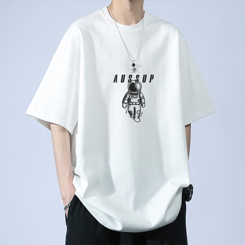 2024 Summer Short-sleeved T-shirt Mens Loose Trendy Ins Hong Kong Style All-match T-shirt Top Plus Size Half-sleeve Top for Chubby White T140 Small Airman 