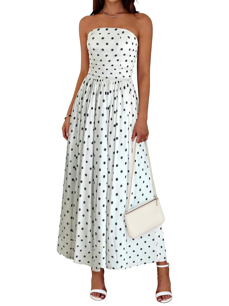 Wenrine Womens Polka Dot Strapless Dress Summer Smocked Tube Top Casual Sleeveless Swing Flowy Maxi Dresses with Pockets - Image 1