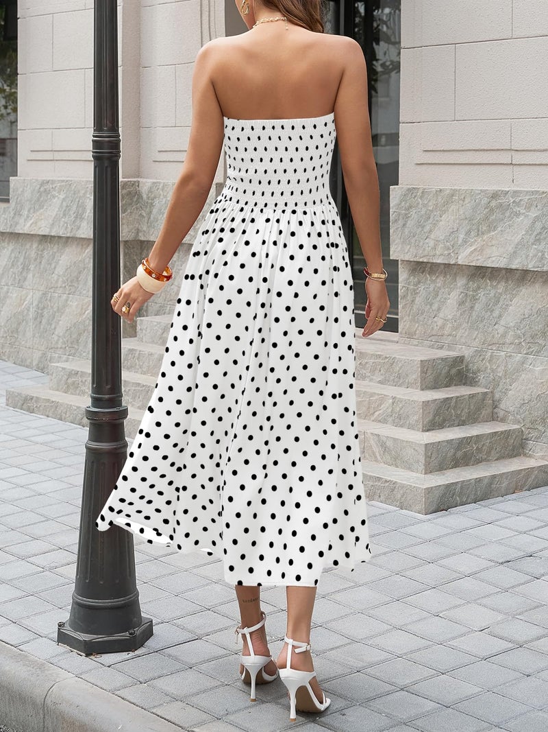 Wenrine Womens Polka Dot Strapless Dress Summer Smocked Tube Top Casual Sleeveless Swing Flowy Maxi Dresses with Pockets - Image 3