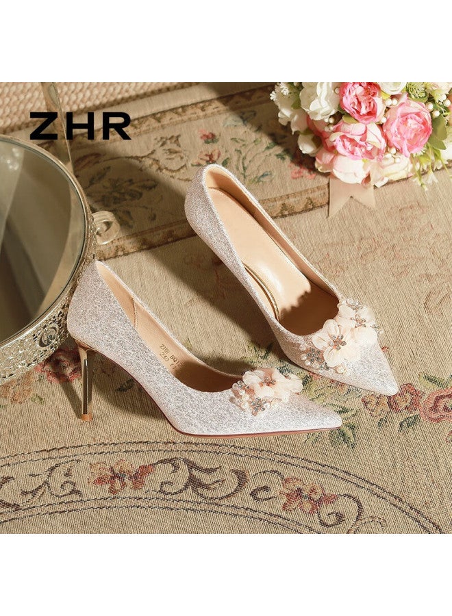 Zhr High Heels For Women, Suede Xiuhe Wedding Shoes, Elegant Bridal Shoes, Thin Heel Pumps For Women, Bq125 Champagne Color, Size 38 - Image 1