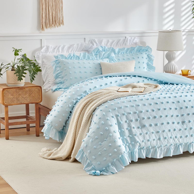 Flysheep Tufted Dots Ruffle Comforter Set Full/Queen Size, 3 Pieces Blue Vintage Farmhouse Shabby Chic Comforters, Jacquard Boho Bohemian Bedding Set for All Season (1 Ruffled Comforter+ 2 Pillow Shams) - Image 4