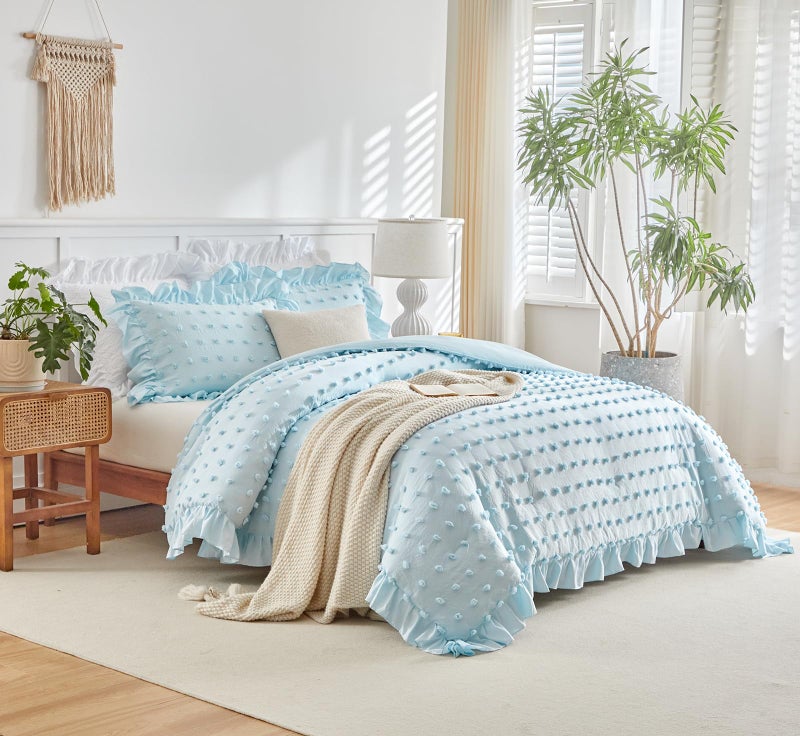 Flysheep Tufted Dots Ruffle Comforter Set Full/Queen Size, 3 Pieces Blue Vintage Farmhouse Shabby Chic Comforters, Jacquard Boho Bohemian Bedding Set for All Season (1 Ruffled Comforter+ 2 Pillow Shams) - Image 2