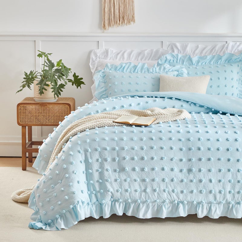 Flysheep Tufted Dots Ruffle Comforter Set Full/Queen Size, 3 Pieces Blue Vintage Farmhouse Shabby Chic Comforters, Jacquard Boho Bohemian Bedding Set for All Season (1 Ruffled Comforter+ 2 Pillow Shams) - Image 3