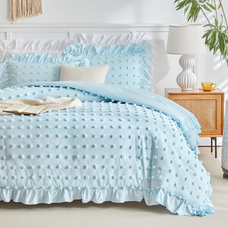 Flysheep Tufted Dots Ruffle Comforter Set Full/Queen Size, 3 Pieces Blue Vintage Farmhouse Shabby Chic Comforters, Jacquard Boho Bohemian Bedding Set for All Season (1 Ruffled Comforter+ 2 Pillow Shams) - Image 5