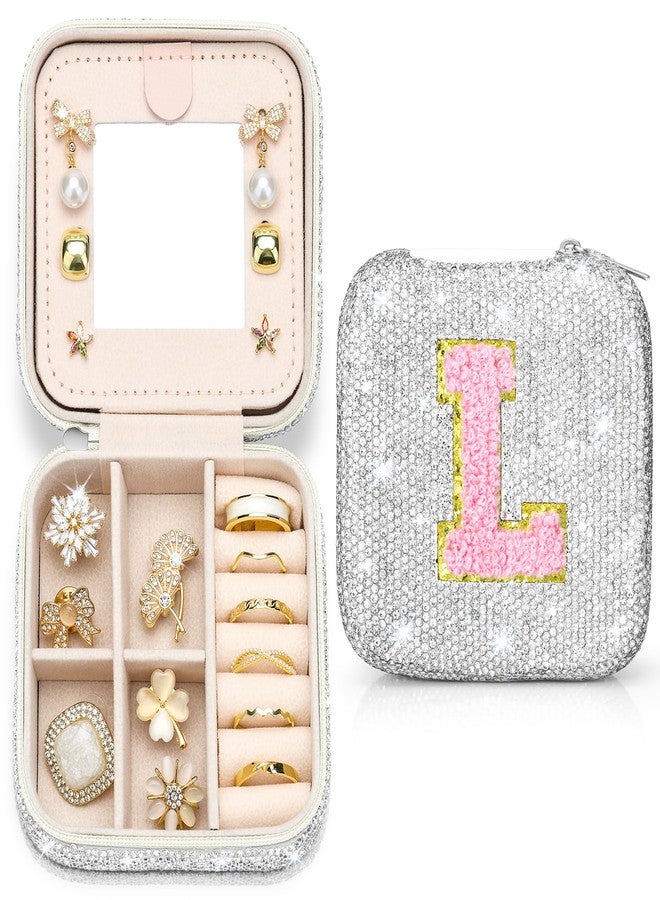 Soleebee Bling Crystal Travel Jewelry Case, L Initial Jewelry Box for Women Girls, Portable Small Jewelry Organizer Travel Essentials for Necklace Earrings Rings - Letter L, Silver - Image 1