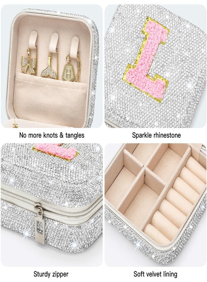 Soleebee Bling Crystal Travel Jewelry Case, L Initial Jewelry Box for Women Girls, Portable Small Jewelry Organizer Travel Essentials for Necklace Earrings Rings - Letter L, Silver - Image 4