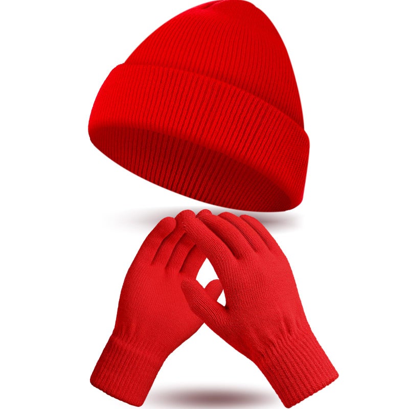 ShinyMatch Winter Beanie Hat Gloves Set, Soft Knitted Hat Stretchy Gloves Warm Skull Cap Set for Women Men Gifts(Red) - Image 1