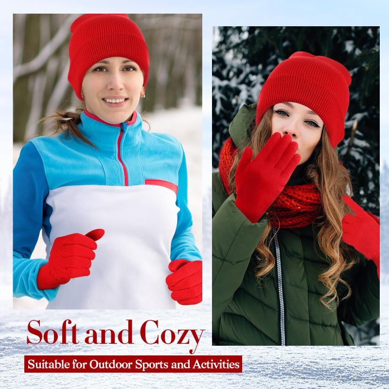 ShinyMatch Winter Beanie Hat Gloves Set, Soft Knitted Hat Stretchy Gloves Warm Skull Cap Set for Women Men Gifts(Red) - Image 5