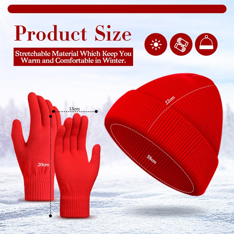 ShinyMatch Winter Beanie Hat Gloves Set, Soft Knitted Hat Stretchy Gloves Warm Skull Cap Set for Women Men Gifts(Red) - Image 2