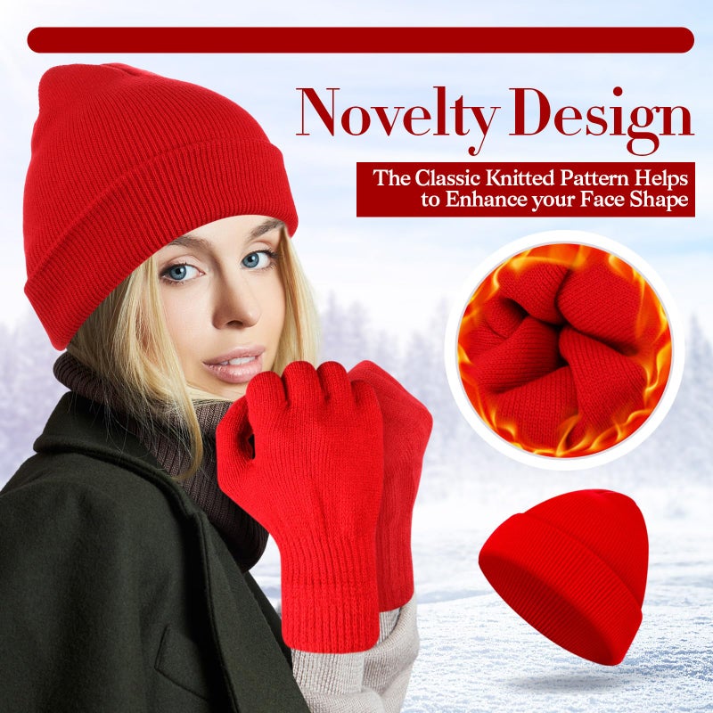 ShinyMatch Winter Beanie Hat Gloves Set, Soft Knitted Hat Stretchy Gloves Warm Skull Cap Set for Women Men Gifts(Red) - Image 3