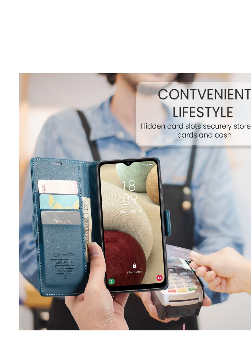 Phone Case for Samsung Galaxy A12 / M12 Anti-scratch Leather Kickstand Card Slot Money Pocket Blue - Image 5