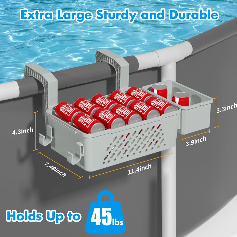sibada Poolside Storage Basket 2 Pack - Above Ground Pool Accessories, Swimming Pool Storage Baskets with Cup Holders,Fits 3â€ or Smaller Top Rails,Versatile Organizer for Pool Toys,Towels,Beverages (Grey) - Image 5