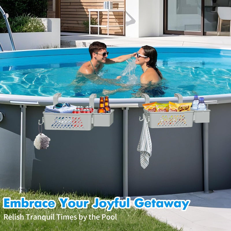 sibada Poolside Storage Basket 2 Pack - Above Ground Pool Accessories, Swimming Pool Storage Baskets with Cup Holders,Fits 3â€ or Smaller Top Rails,Versatile Organizer for Pool Toys,Towels,Beverages (Grey) - Image 2