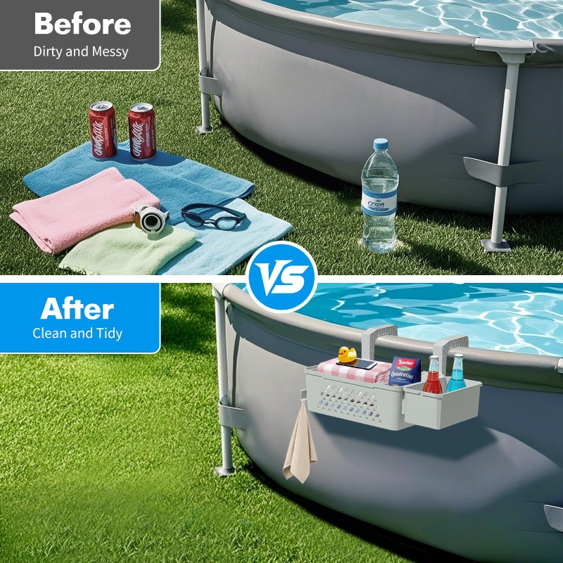 sibada Poolside Storage Basket 2 Pack - Above Ground Pool Accessories, Swimming Pool Storage Baskets with Cup Holders,Fits 3â€ or Smaller Top Rails,Versatile Organizer for Pool Toys,Towels,Beverages (Grey) - Image 4
