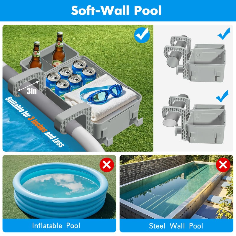 sibada Poolside Storage Basket 2 Pack - Above Ground Pool Accessories, Swimming Pool Storage Baskets with Cup Holders,Fits 3â€ or Smaller Top Rails,Versatile Organizer for Pool Toys,Towels,Beverages (Grey) - Image 3