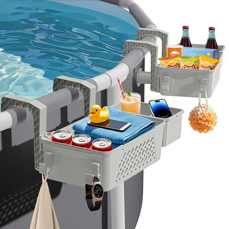 sibada Poolside Storage Basket 2 Pack - Above Ground Pool Accessories, Swimming Pool Storage Baskets with Cup Holders,Fits 3â€ or Smaller Top Rails,Versatile Organizer for Pool Toys,Towels,Beverages (Grey) - Image 1