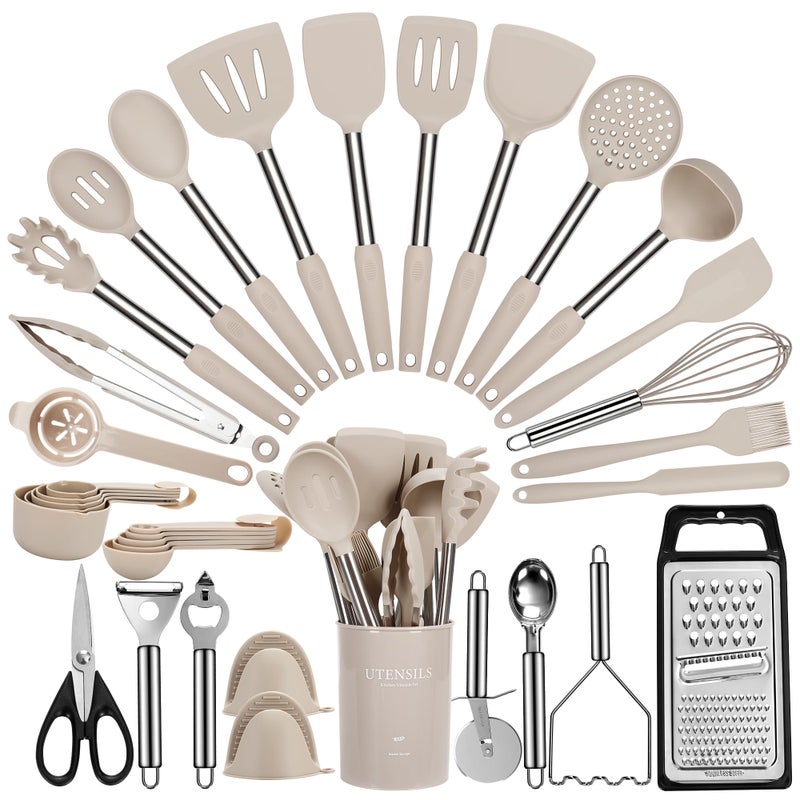 Fyvva Large Cooking Utensils Set, 35 Pcs Kitchen Utensils Set with Holder, Silicone Spatula Set with Stainless Steel Handle, Whisk, Basting Brush, Kitchen Gadgets for Nonstick Cookware (Khaki) - Image 1