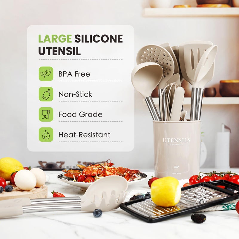 Fyvva Large Cooking Utensils Set, 35 Pcs Kitchen Utensils Set with Holder, Silicone Spatula Set with Stainless Steel Handle, Whisk, Basting Brush, Kitchen Gadgets for Nonstick Cookware (Khaki) - Image 2