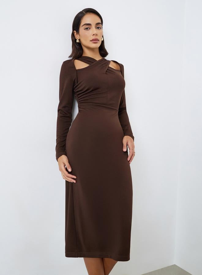 Styli Brown Criss-Cross Front Midi Dress - Image 1