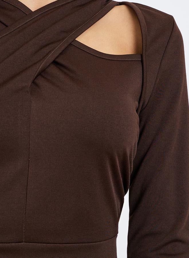 Styli Brown Criss-Cross Front Midi Dress - Image 4