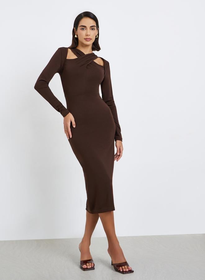 Styli Brown Criss-Cross Front Midi Dress - Image 3