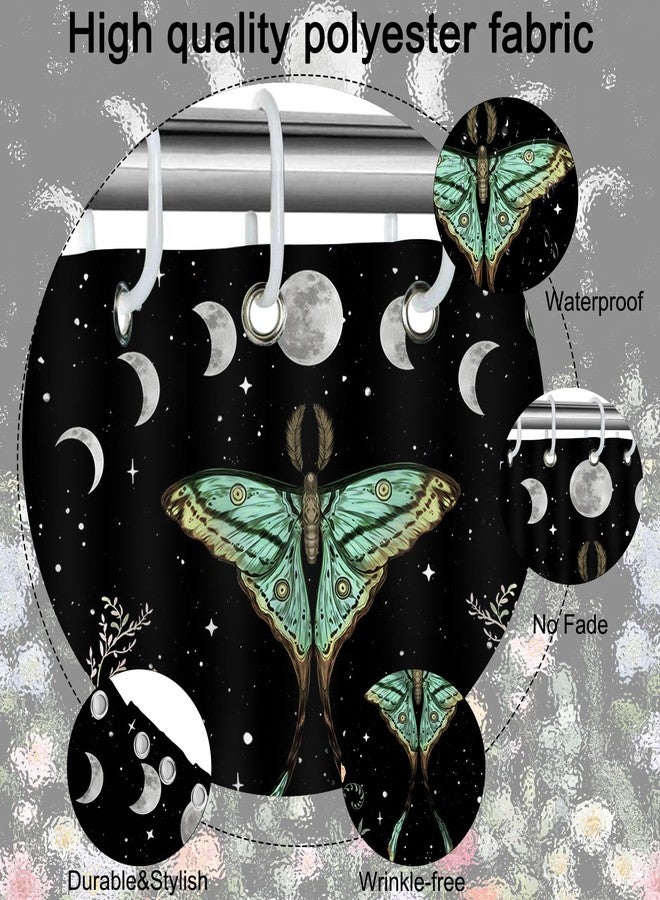 Mocsicka Gothic Witchy Moth Shower Curtain Moon Phase Teal Floral Moth Bathroom Shower Curtain Mystic Night Butterfly Waterproof Fabric Bathtub Curtain Decor with 12 Hooks 72 X 72 Inches - Image 5