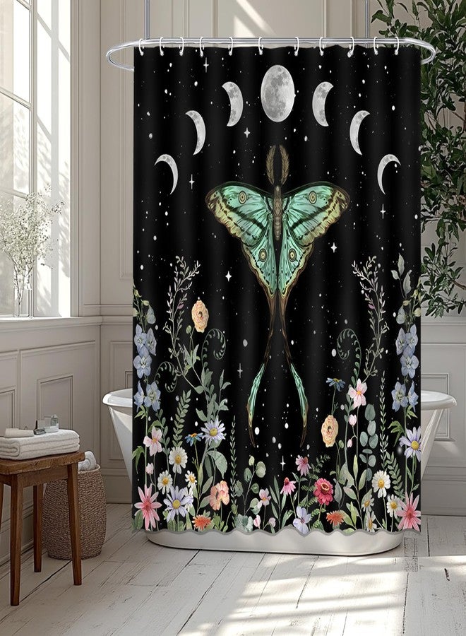 Mocsicka Gothic Witchy Moth Shower Curtain Moon Phase Teal Floral Moth Bathroom Shower Curtain Mystic Night Butterfly Waterproof Fabric Bathtub Curtain Decor with 12 Hooks 72 X 72 Inches - Image 3