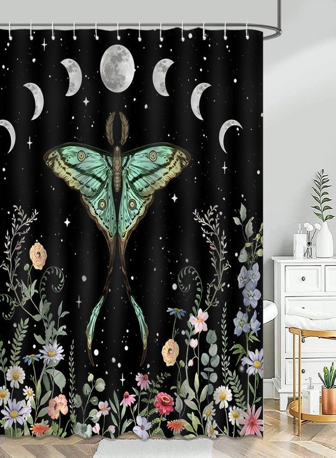 Mocsicka Gothic Witchy Moth Shower Curtain Moon Phase Teal Floral Moth Bathroom Shower Curtain Mystic Night Butterfly Waterproof Fabric Bathtub Curtain Decor with 12 Hooks 72 X 72 Inches - Image 1