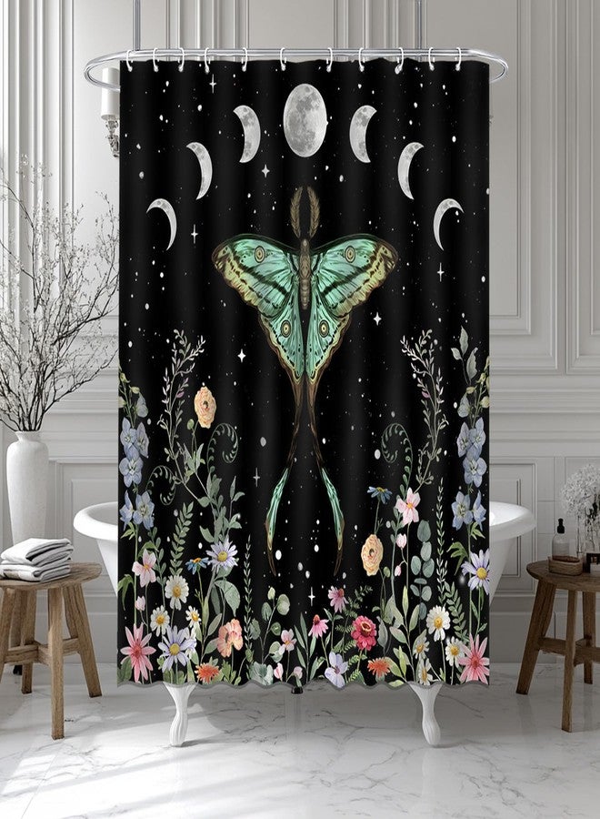 Mocsicka Gothic Witchy Moth Shower Curtain Moon Phase Teal Floral Moth Bathroom Shower Curtain Mystic Night Butterfly Waterproof Fabric Bathtub Curtain Decor with 12 Hooks 72 X 72 Inches - Image 2