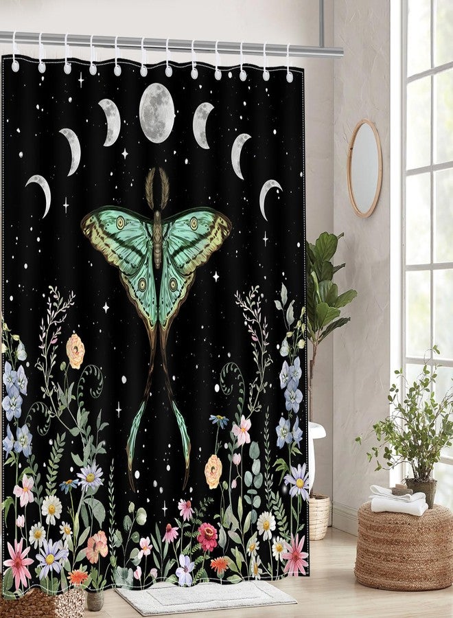 Mocsicka Gothic Witchy Moth Shower Curtain Moon Phase Teal Floral Moth Bathroom Shower Curtain Mystic Night Butterfly Waterproof Fabric Bathtub Curtain Decor with 12 Hooks 72 X 72 Inches - Image 4