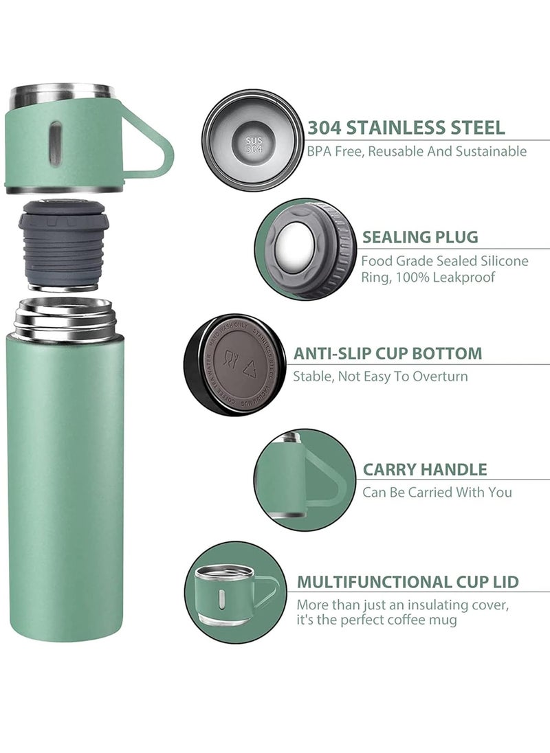 ELTRAZONE 500ml Stainless Steel Vacuum Thermos Flask with Silicone Handle & Insulated Water Bottle – 2 Stainless Steel Cups Set for Hot & Cold Beverages, Outdoor Travel, Gift Box (2 PACK, GREEN)  - Image 2