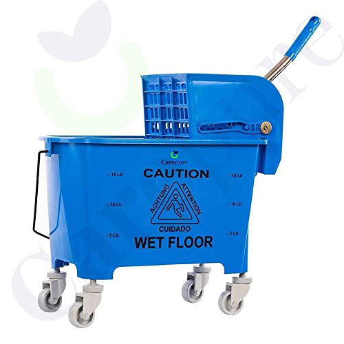 Carepure Single Bucket Down Press Wringer Mop Trolley | Mini Mop Bucket Wringer Trolley - 20 Liter - Blue - Image 2