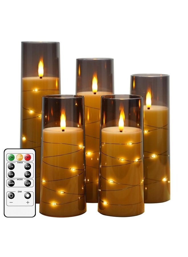 هومستر شموع LED عديمة اللهب بالمؤقت 5 Pc شموع عديمة اللهب للبيئة العاطفية وزخرفة المنزل صدفة أكريلية ثابتة، مع سلسلة نجوم مضمنة، شموع تعمل بالبطارية (رمادية) - Image 1