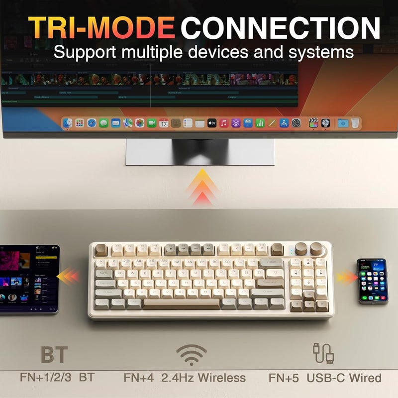 CORBOBO لوحة مفاتيح ألعاب لاسلكية SOLAKAKA SK90 75% - 4000 مللي أمبير ثلاثية الوضع (BT5.0/2.4G/USB-C) لوحة مفاتيح ألعاب كريمية لطيفة مع لوحة أرقام، مقبض وسائط، إضاءة خلفية RGB، مفاتيح هادئة لوحات مفاتيح مكتبية صامتة لأجهزة الكمبيوتر الشخصية وماك - Image 3