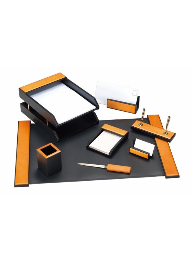 Modern 8-Piece Desk Set - Light Brown Wood - Black Base