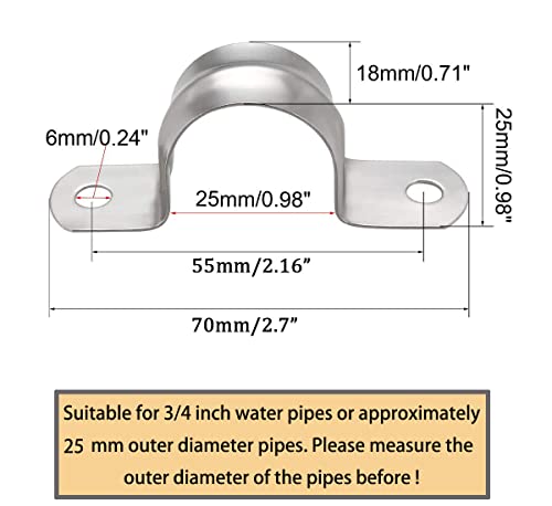 ZLYY 3/4inch Two Hole Strap U Bracket Stainless Steel Tube Strap Tension Clip Assortment Kit Heavy Duty Rigid Pipe Strap Clamp For The Inner Diameter of Water Pipe is 3/4inch 20Pcs (25mm) - Image 2