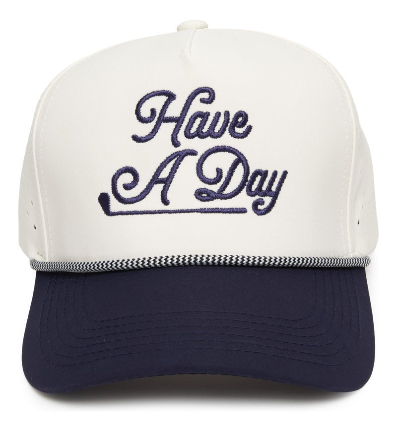 Funky Junque Trendy Rope Golf Cap with Upside-Down Sayings - Lightweight Performance Golf Hats Snapback, Funny Hats for Men, Breathable Everyday Style - Have A Day - Navy/Beige - Image 1