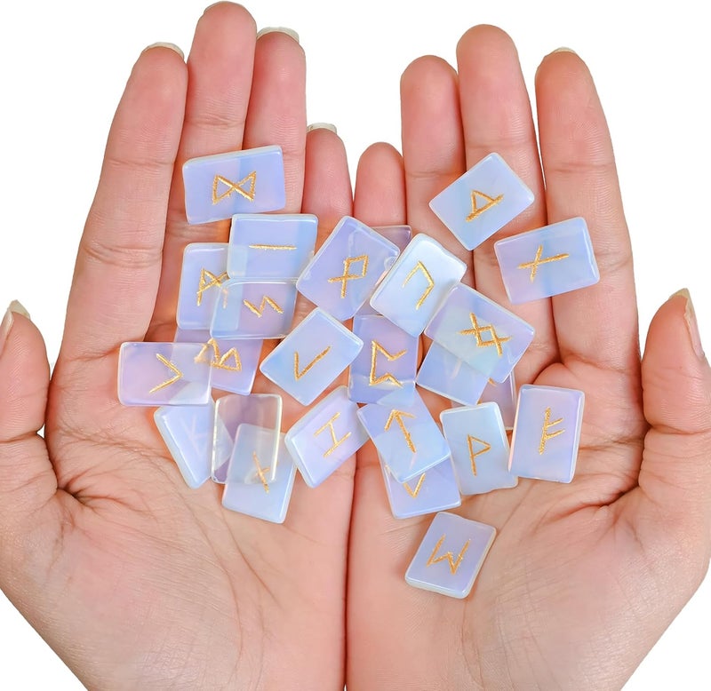 Opalite Rune Stones Set with Elder Futhark Alphabet Engraved Symbol for Beginners Runes with Pouch & Rune Symbol brochure Size :- 20-25 mm App.