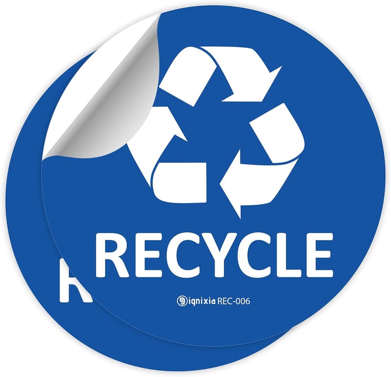 IGNIXIA Recycle Stickers for Trash Can 6x6 Inches Large (Pack of 2) Recycle Decals for Recycle Bins Waterproof UV Protected Recycling Stickers for Trash Can Indoor & Outdoor (Blue) - Image 1