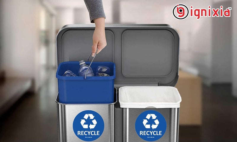 IGNIXIA Recycle Stickers for Trash Can 6x6 Inches Large (Pack of 2) Recycle Decals for Recycle Bins Waterproof UV Protected Recycling Stickers for Trash Can Indoor & Outdoor (Blue) - Image 5