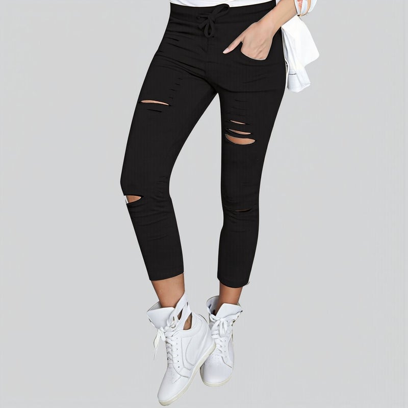 Womens Ripped Capri Pants Upgraded Stretch Anti Wrinkle Non Fade Black S - Image 5