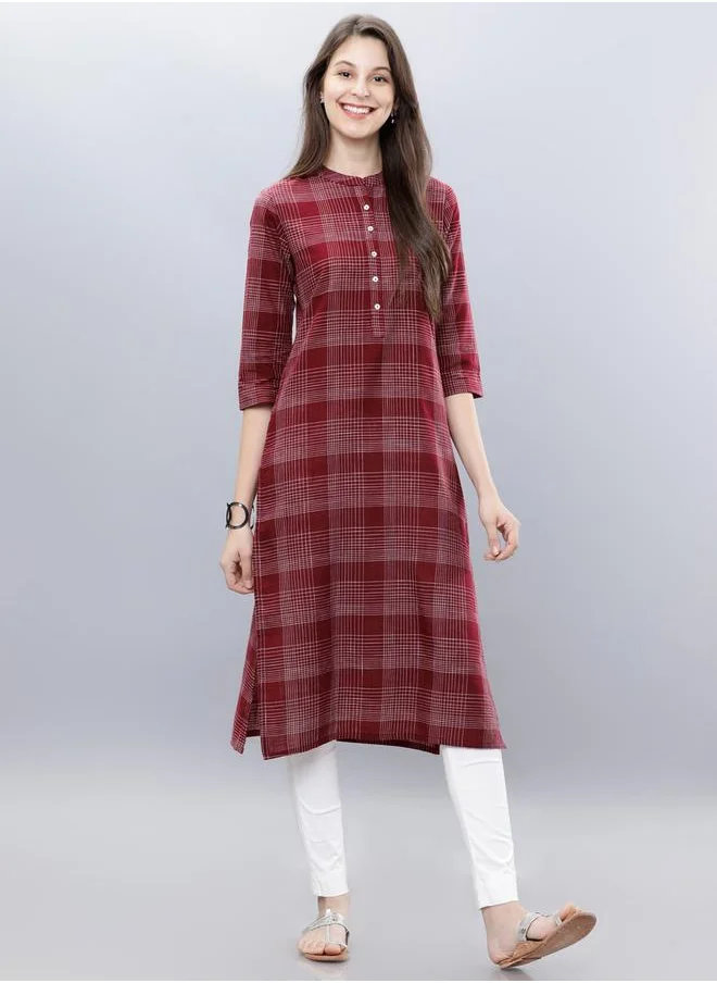 Vishudh Women Maroon & Off-White Checked A-Line Kurta by Styli