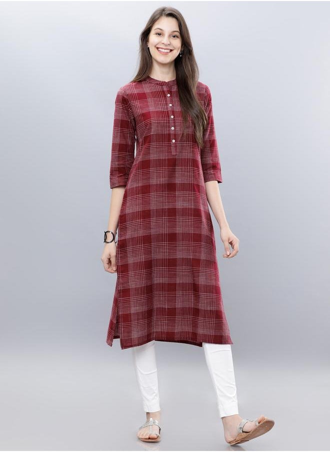 Vishudh - Women Maroon & Off-White Checked A-Line Kurta by Styli - Image 1