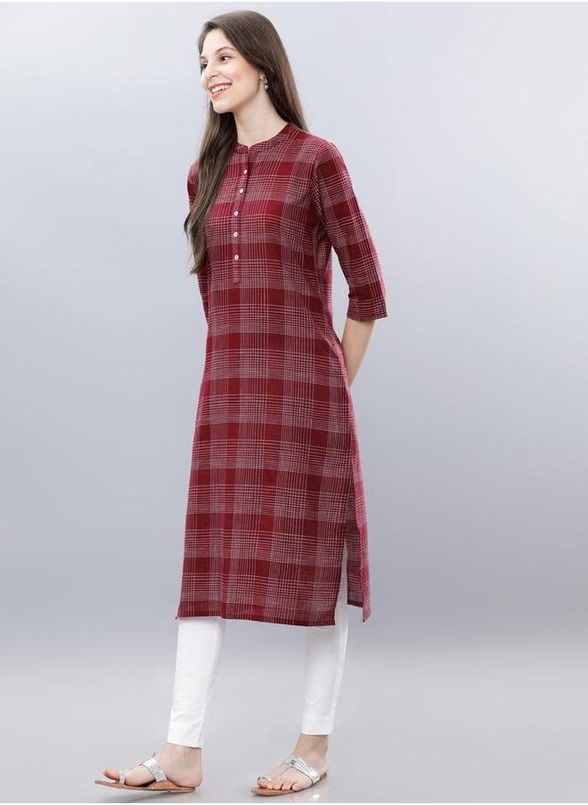 Vishudh - Women Maroon & Off-White Checked A-Line Kurta by Styli - Image 1
