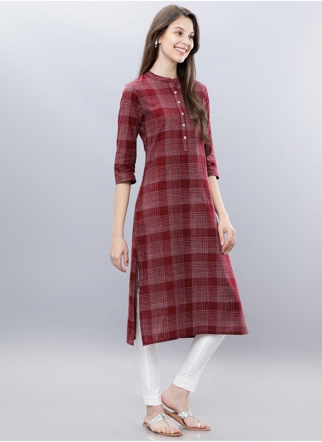 Vishudh - Women Maroon & Off-White Checked A-Line Kurta by Styli - Image 1